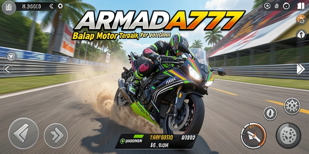 Tampilan gameplay yang mendebarkan dalam ARMADA777 saat balapan motor.
