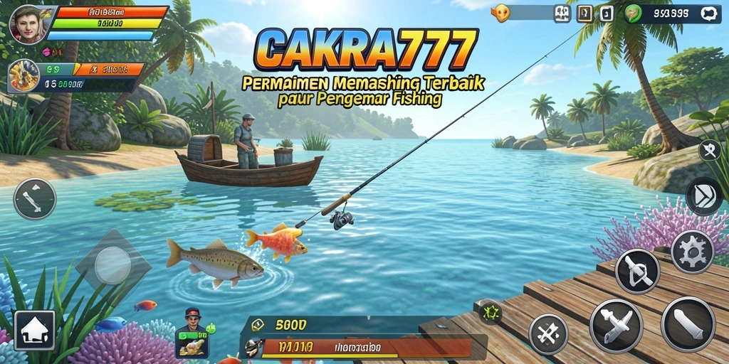 Tampilan gameplay CAKRA777 menampilkan aksi memancing seru di berbagai lokasi.