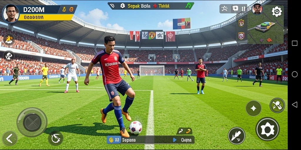 Gambaran aksi seru gameplay sepak bola di D200M.