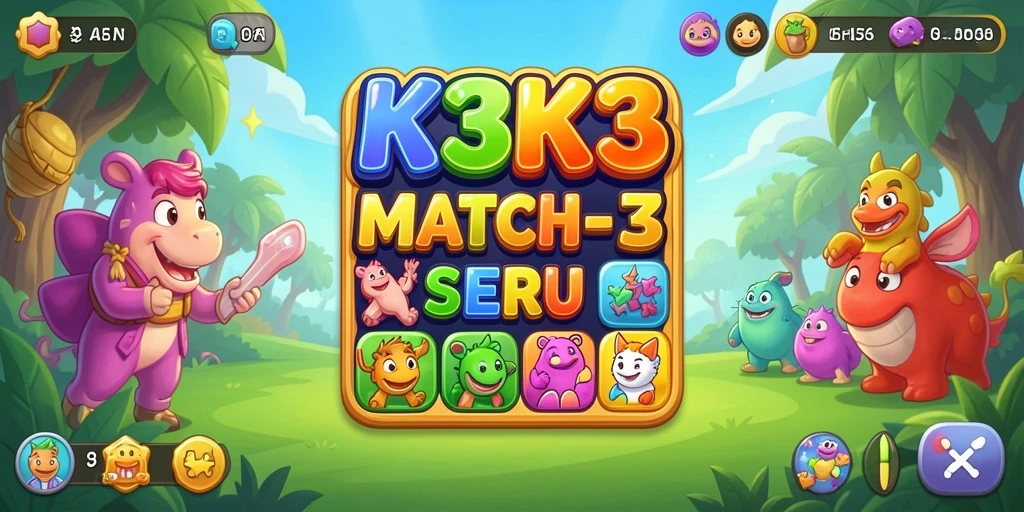 Tampilan gameplay K3K3 dengan item warna-warni yang dicocokkan.