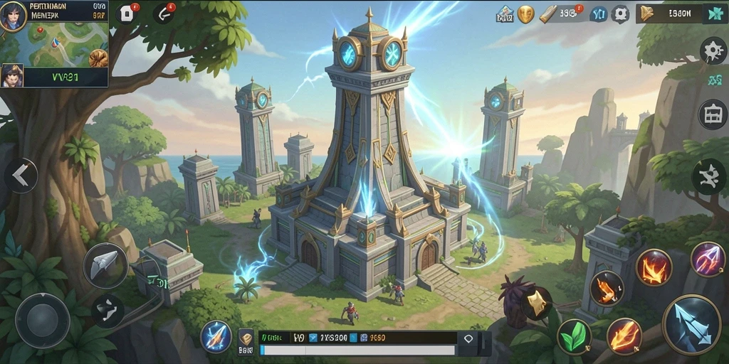 Tangkapan layar gameplay Tower Defense dengan menara dan musuh yang beragam.