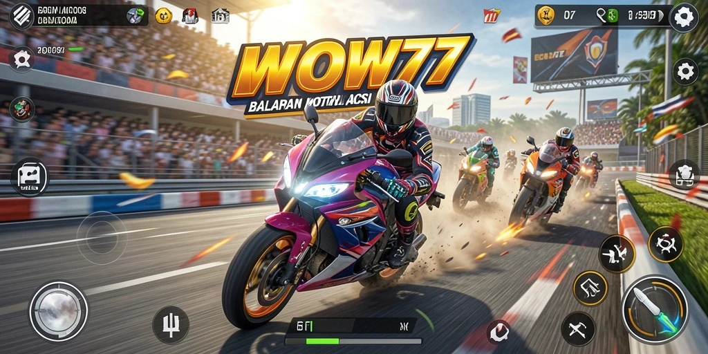 Screenshot menunjukkan aksi balapan motor yang mendebarkan di lintasan.